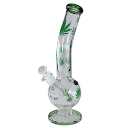 Ice Bong in Vetro Green Purple Leaves Bent 35cm - Black Leaf